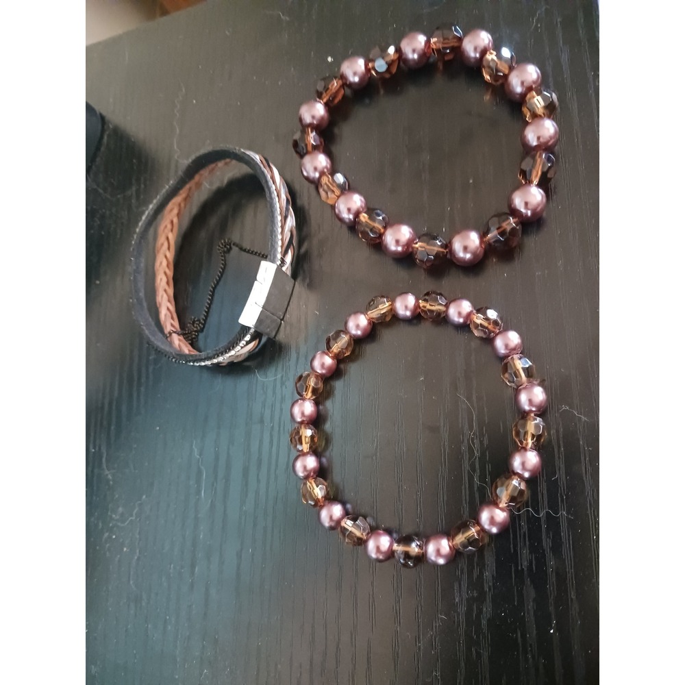 3pc Bracelet Set Mauve Faux Pearl Stretch Beads & Braided Magnetic Cuff